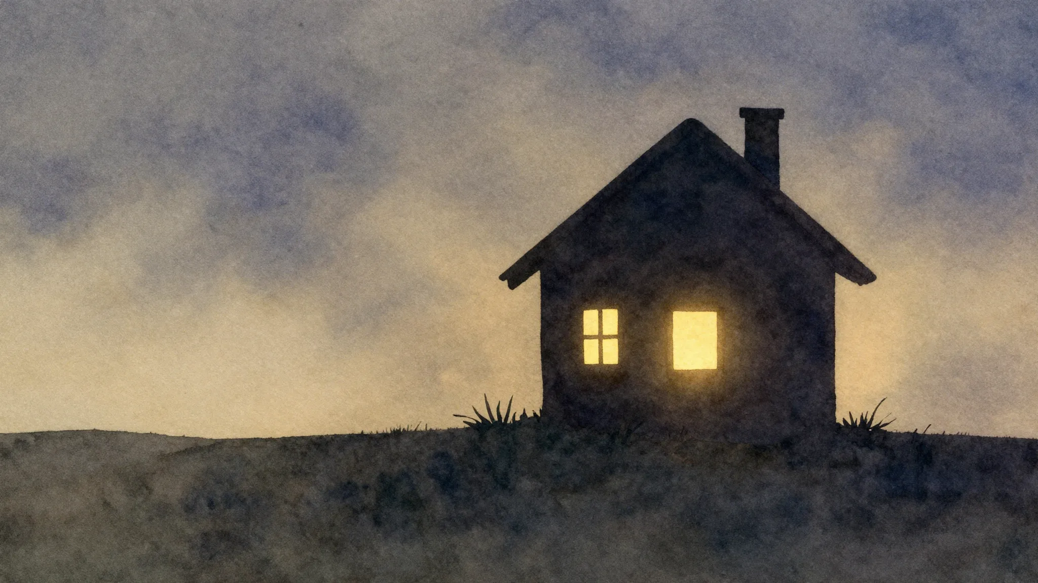 Watercolor style. Silhouette of a small house with glowing w...
