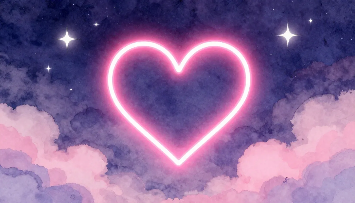 Watercolor style. A glowing neon heart silhouette floating i...