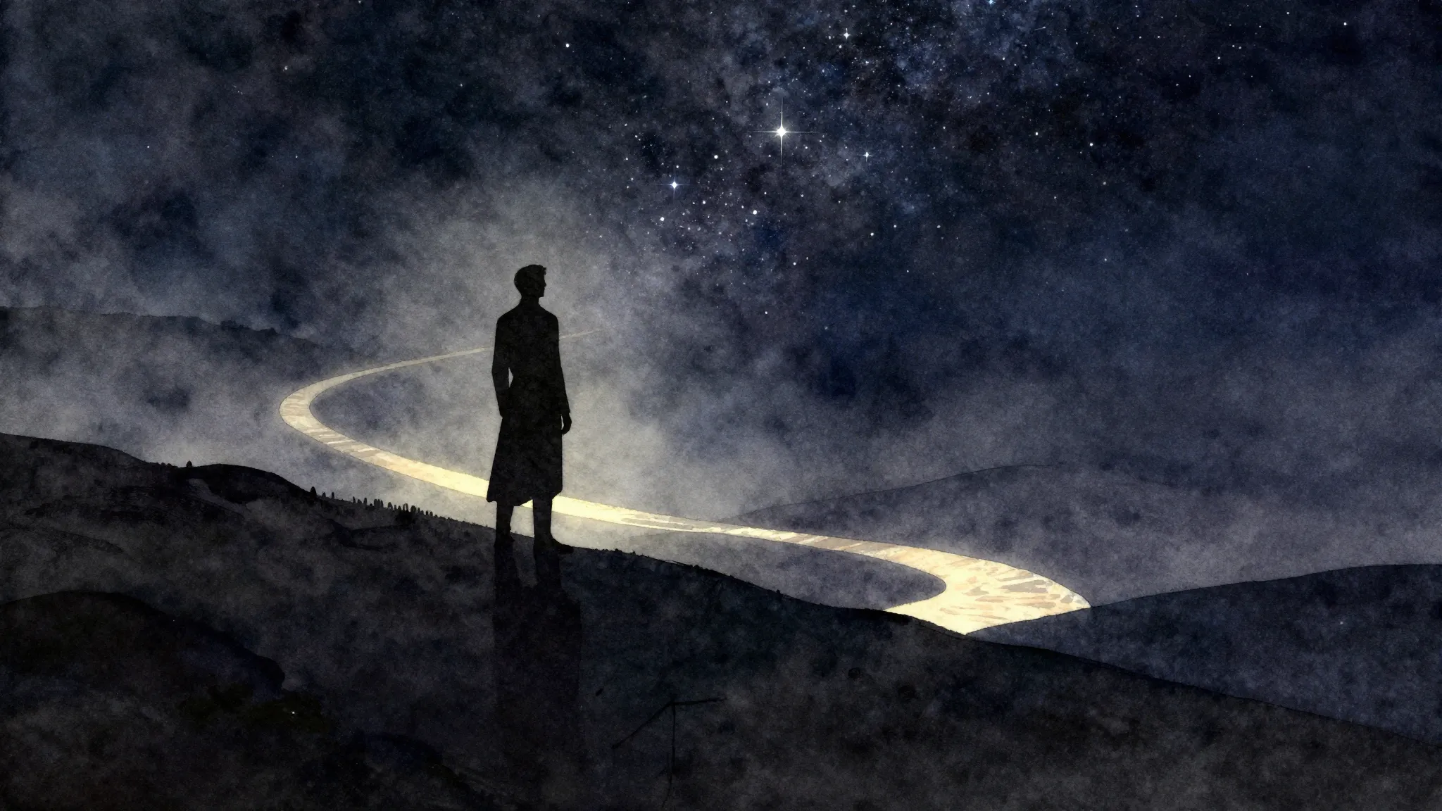 Watercolor style. A lone silhouette stands on a hill under a...
