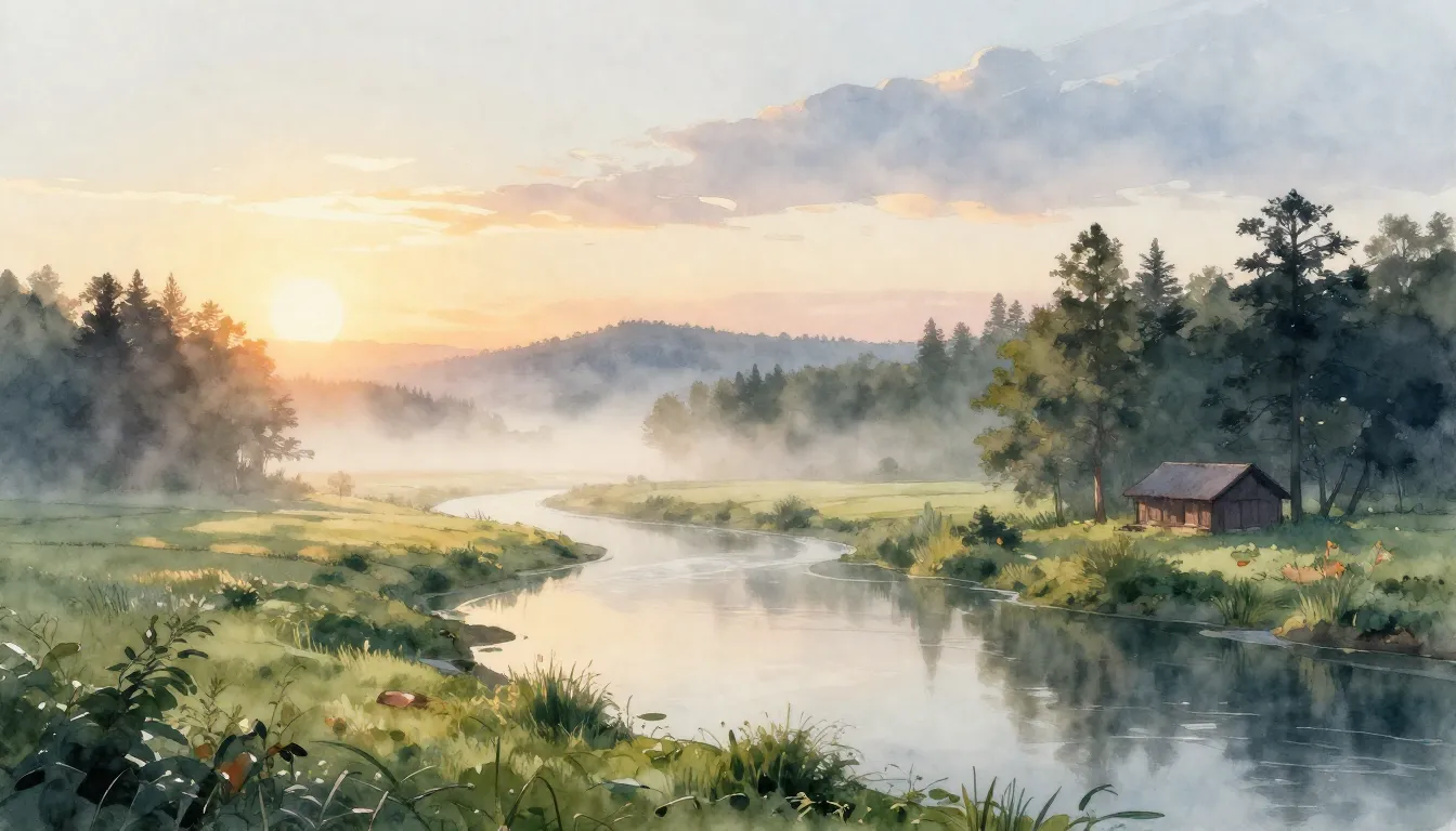 Watercolor style. A beautiful landscape of vast fields and f...
