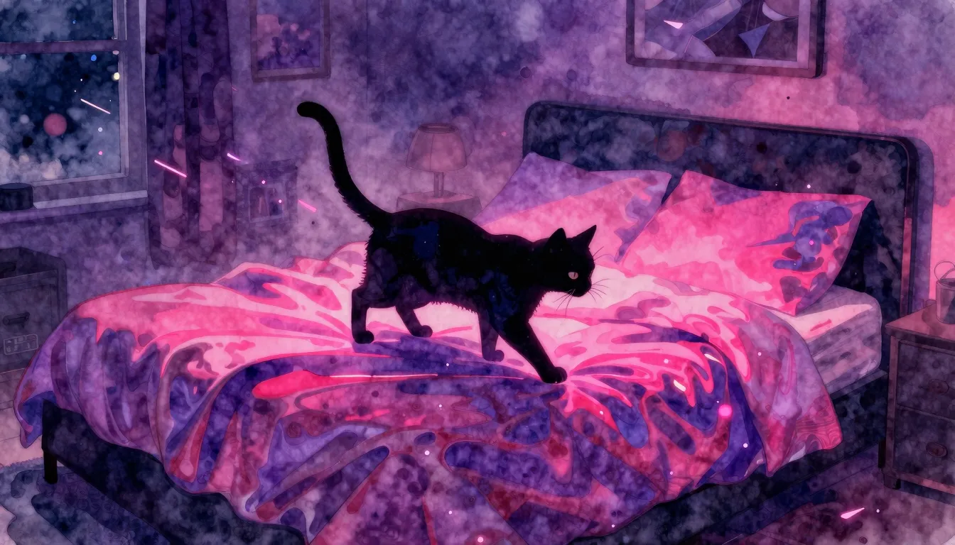 Watercolor style. A neon-lit bedroom at night, silhouette of...