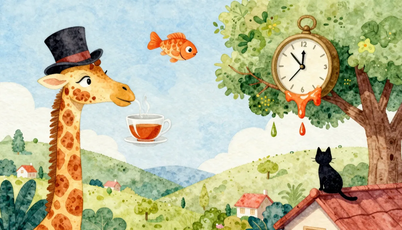 Watercolor style. A whimsical, surreal landscape where a gir...