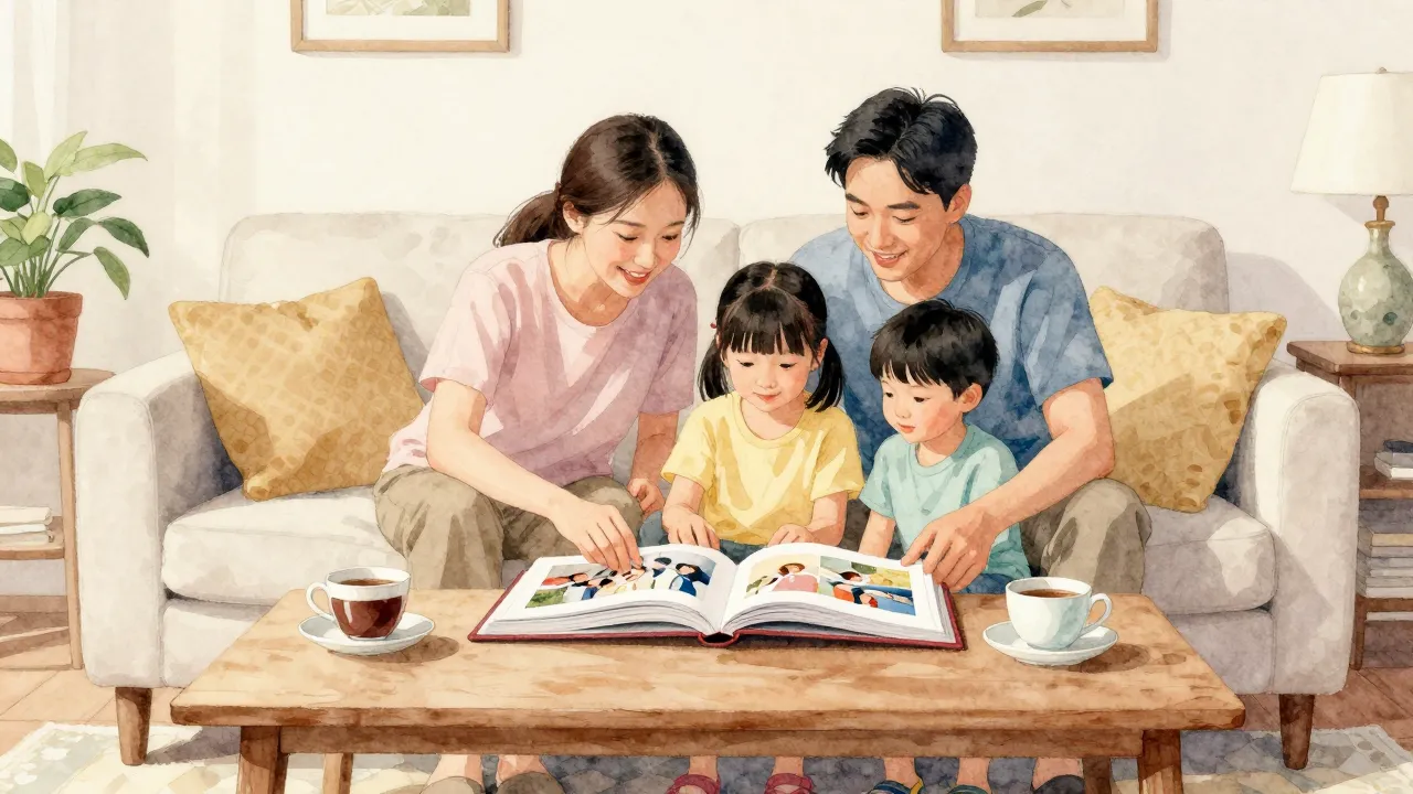 Watercolor style. A cozy living room scene, a family sitting...