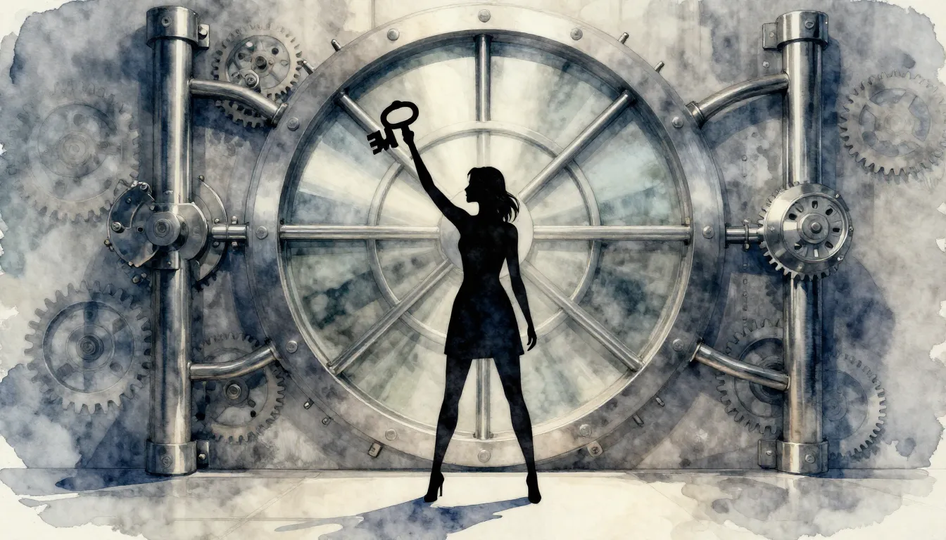 Watercolor style. Silhouette of a woman holding a giant key,...