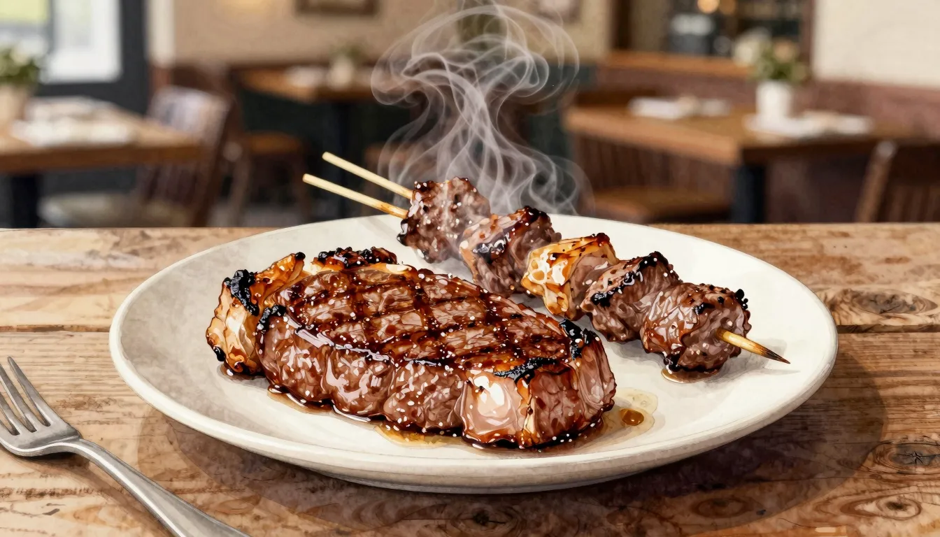 Watercolor style. A plate with a large grilled steak and ske...