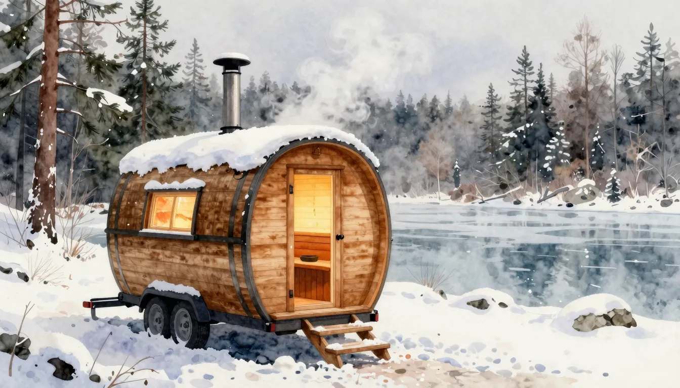 Watercolor style. A cozy wooden barrel sauna on a trailer, p...