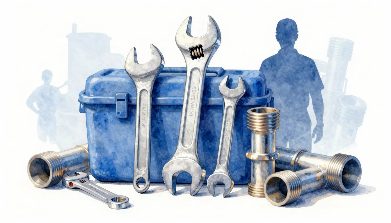 Watercolor style. Professional plumbing tools set, wrench, p...