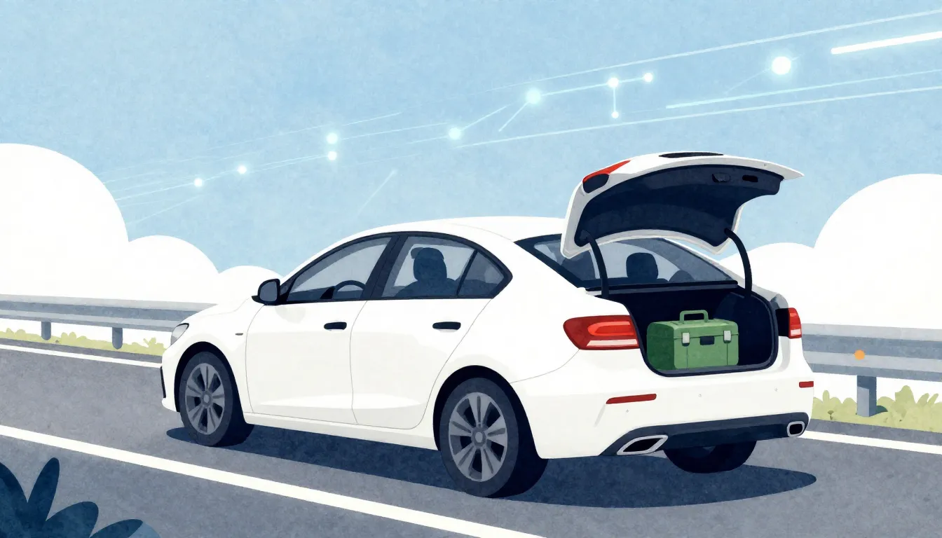 Watercolor style. A white sedan car driving on a highway, si...