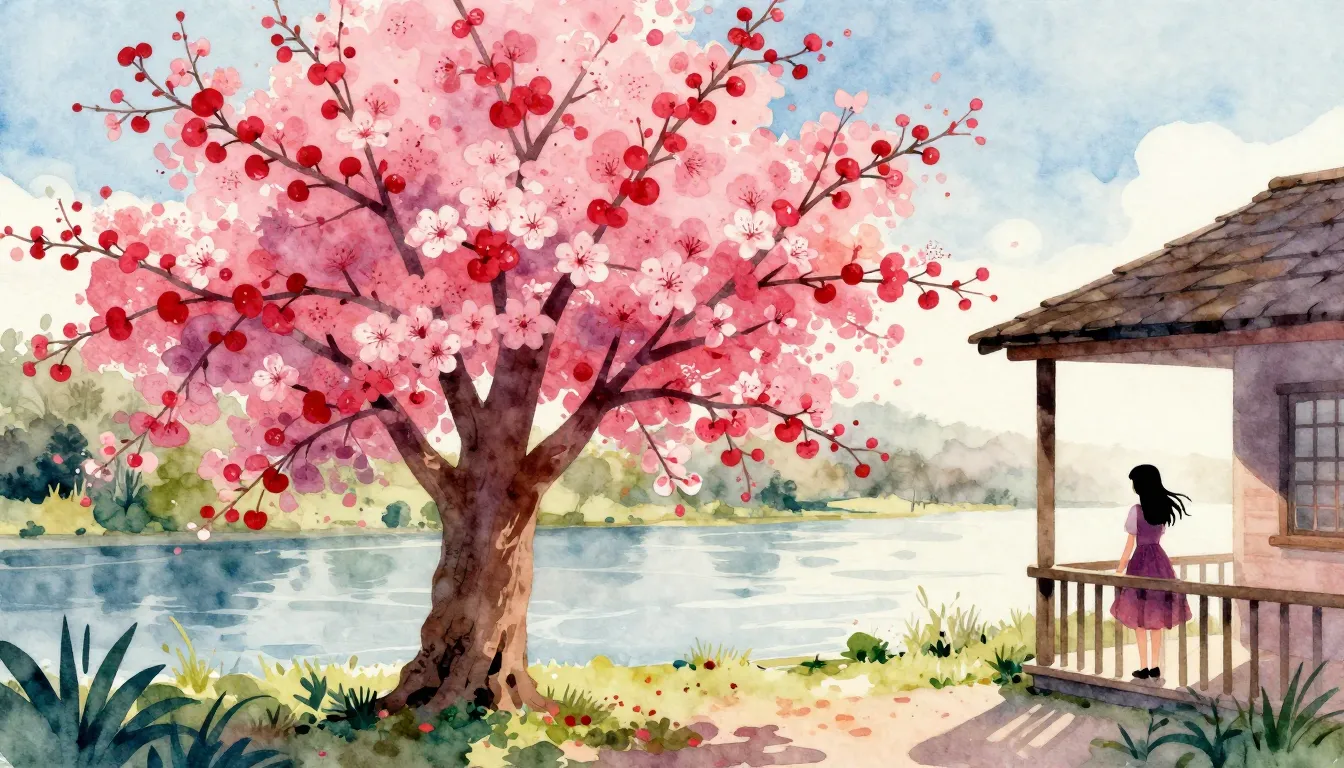 Vibrant watercolor style. A vibrant cherry tree in bloom, a ...