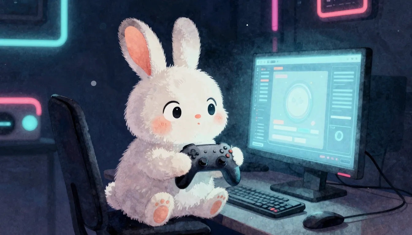 Watercolor style. A cute fluffy hare sitting in a dark room ...