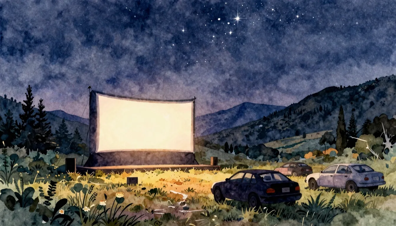 Watercolor style. A cozy outdoor drive-in cinema in a scenic...