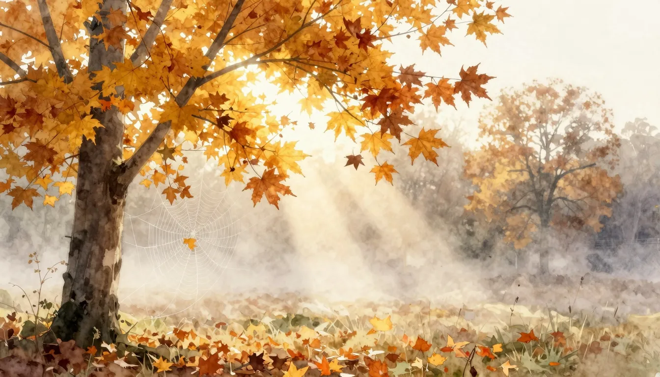 Watercolor style. Autumn landscape, golden maple leaves, fog...