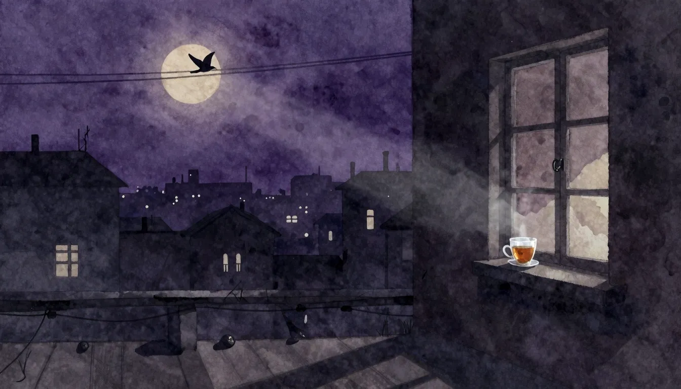 Watercolor style. A dark, melancholic cityscape at dawn. A p...