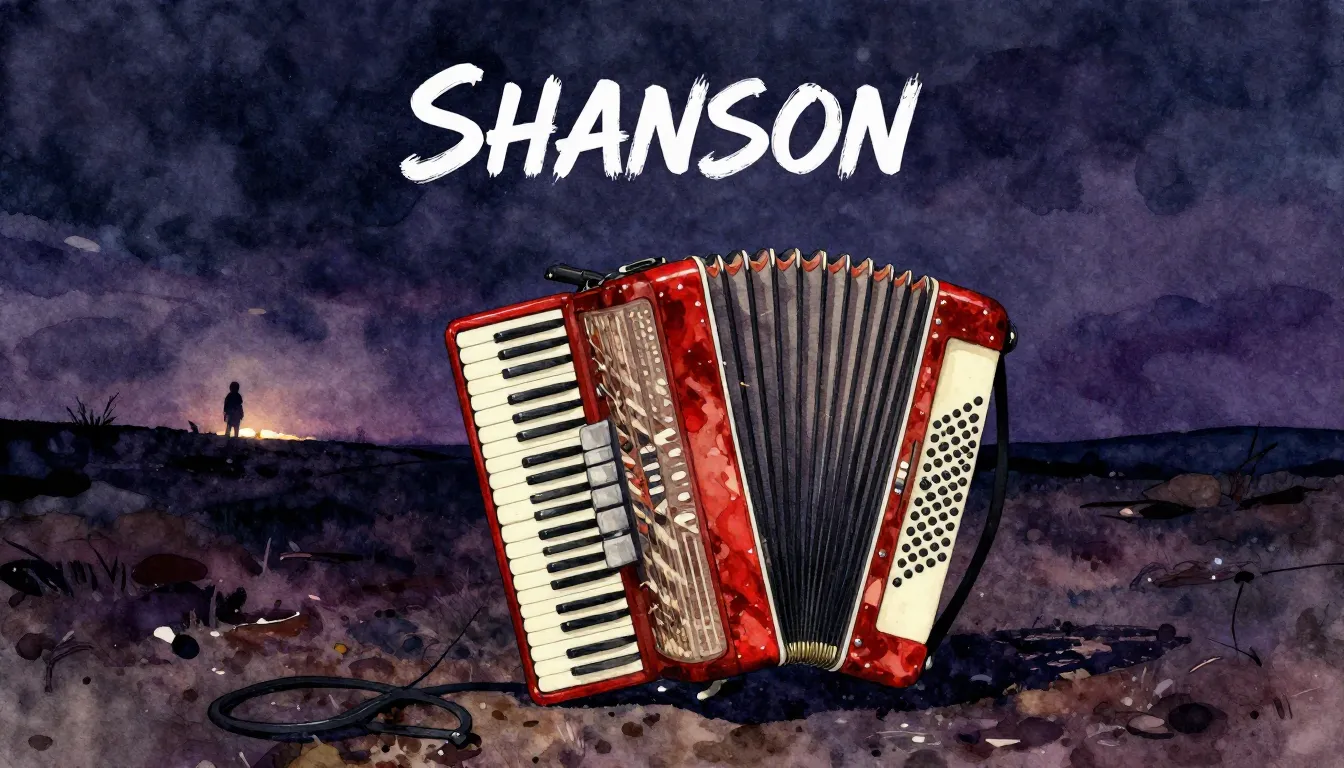 Vibrant watercolor style. Shanson album cover: a lone accord...