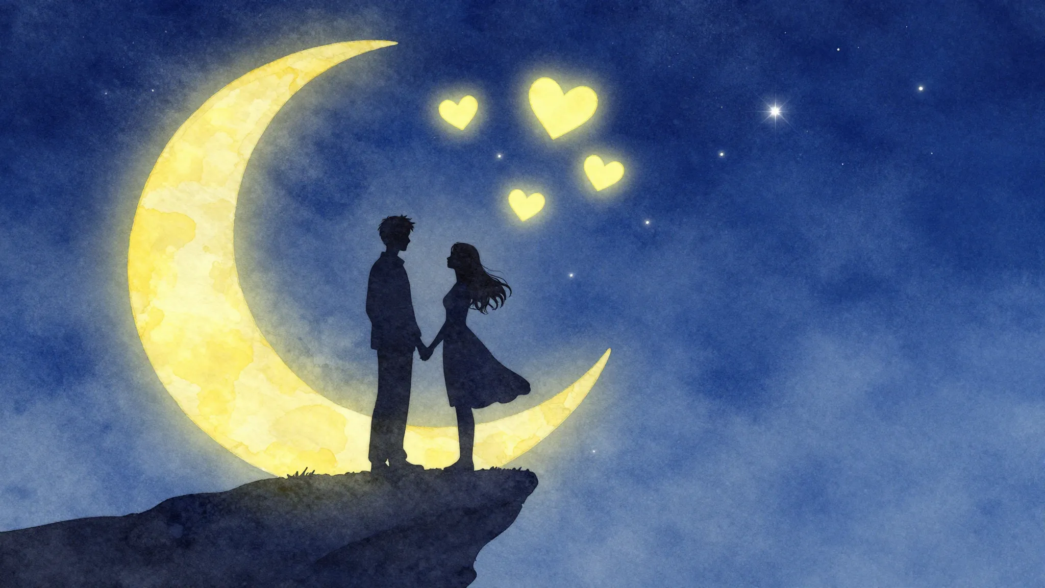 Watercolor style. A silhouette of a couple standing on a cre...