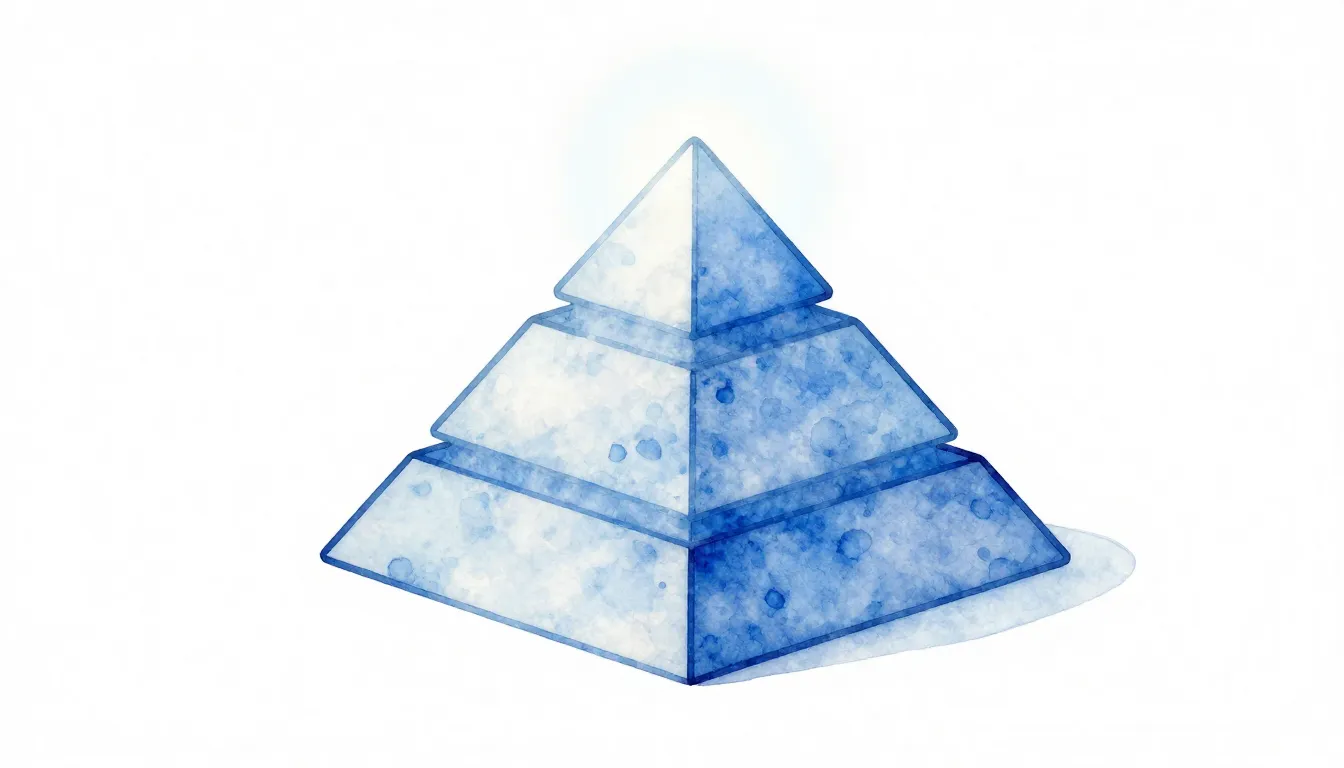 Watercolor style. 3D pyramid diagram with three distinct lay...