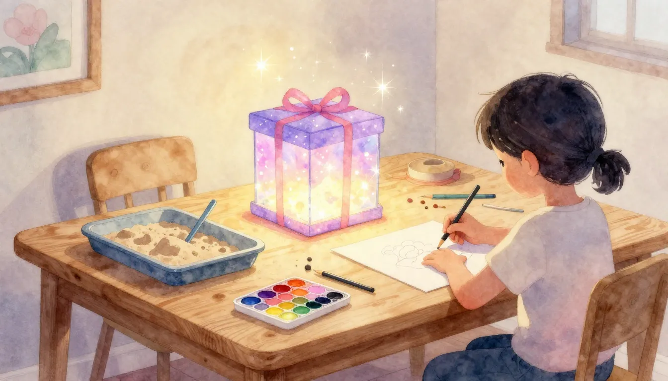Watercolor style. A cozy art therapy room for kids, soft lig...