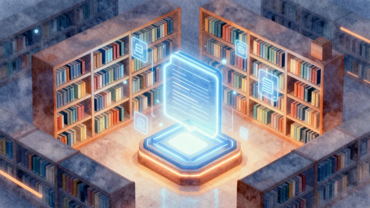Watercolor style. A futuristic library interior with glowing...