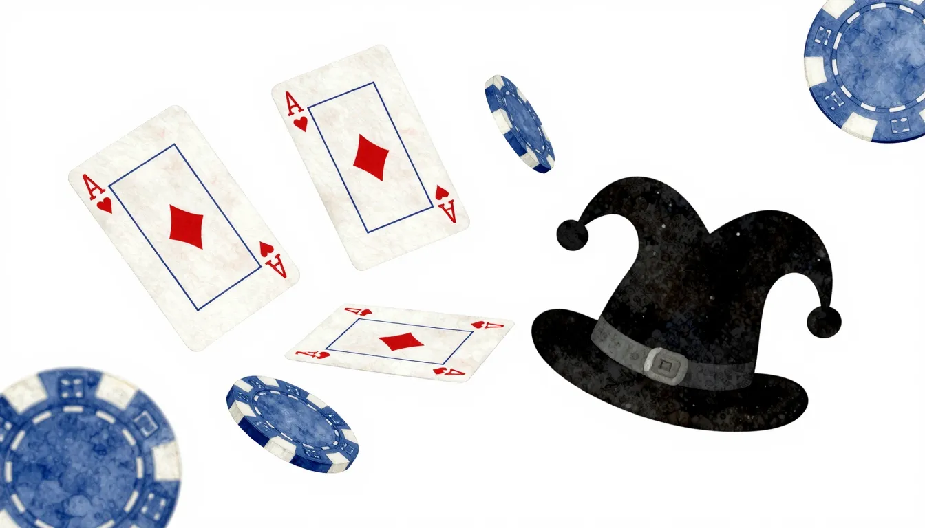 Watercolor style. A deck of cards flying in the air, a joker...