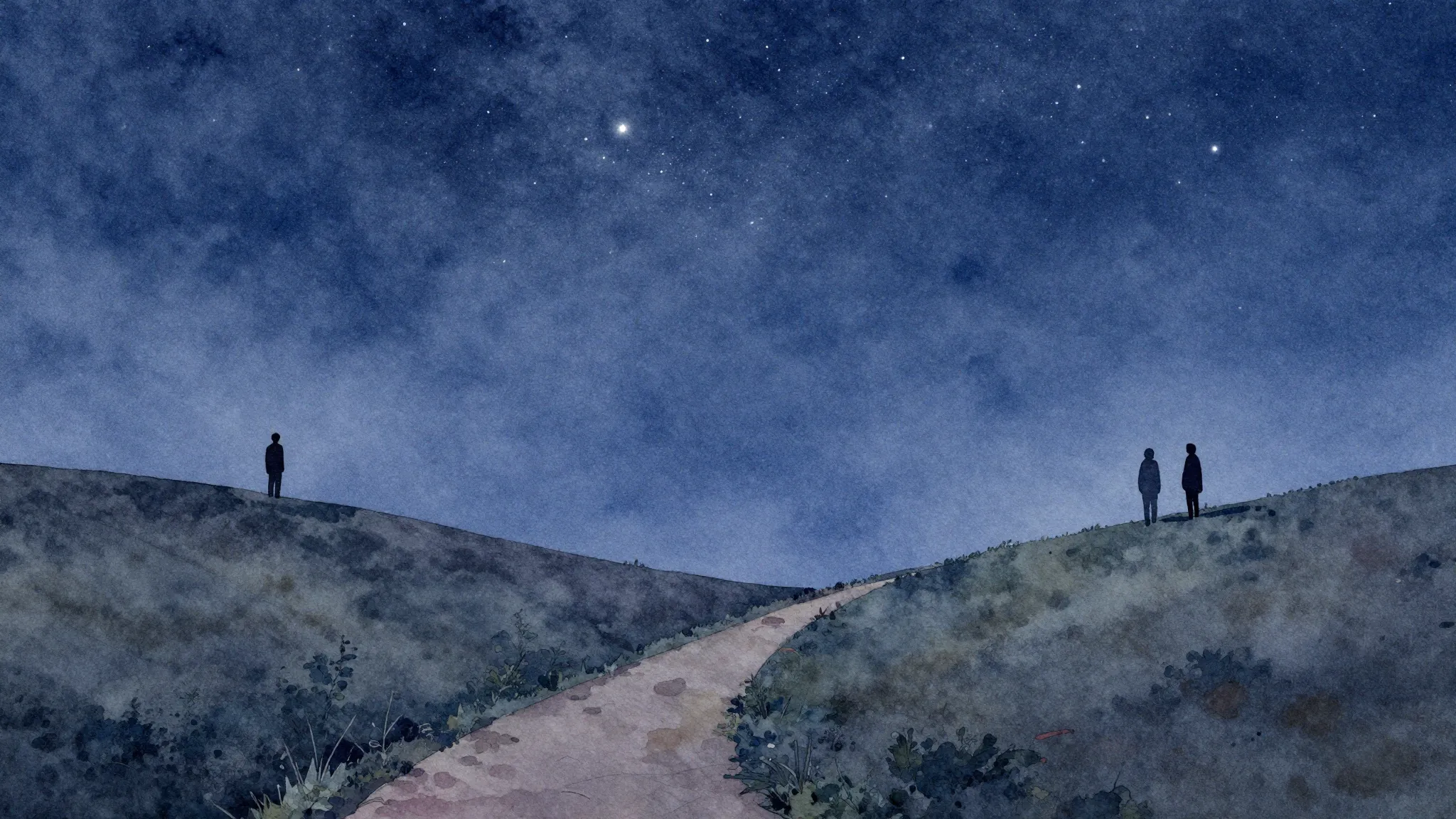 Watercolor style. Two distant silhouettes on opposite hills ...