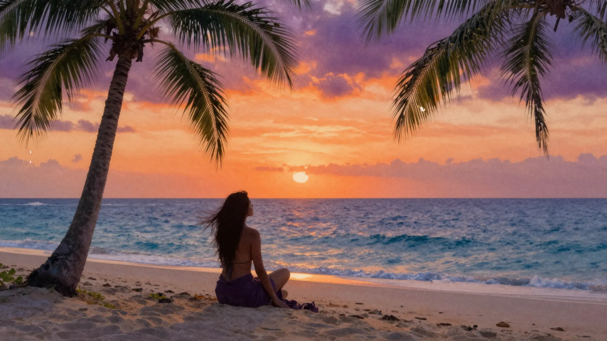 Watercolor style. A silhouette of a woman sitting alone on a...