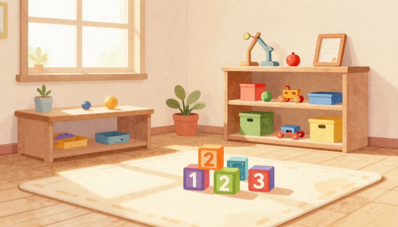 Watercolor style. Cozy preschool classroom interior, colorfu...
