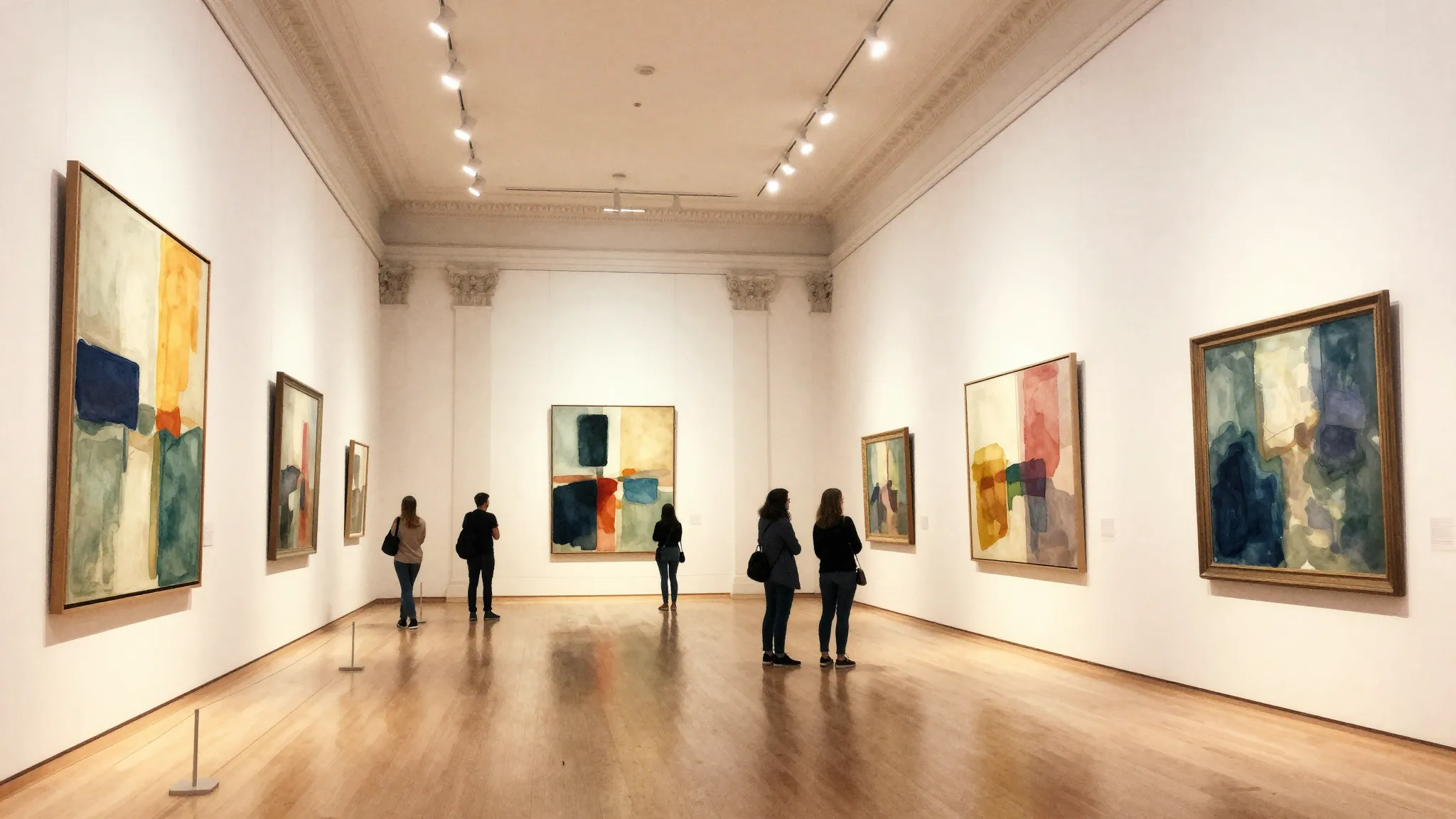 Watercolor style. A grand art gallery hall with abstract pai...