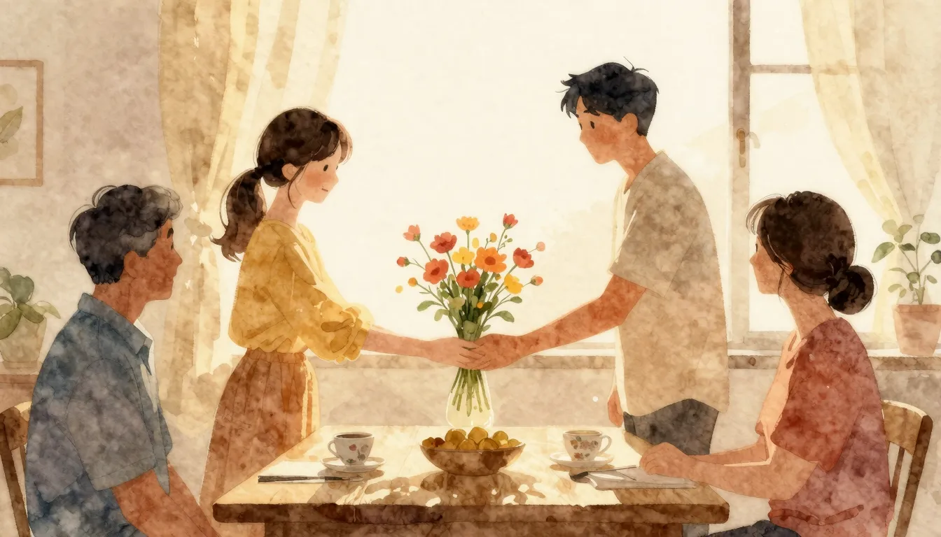 Watercolor style. A warm, glowing silhouette of adults handi...