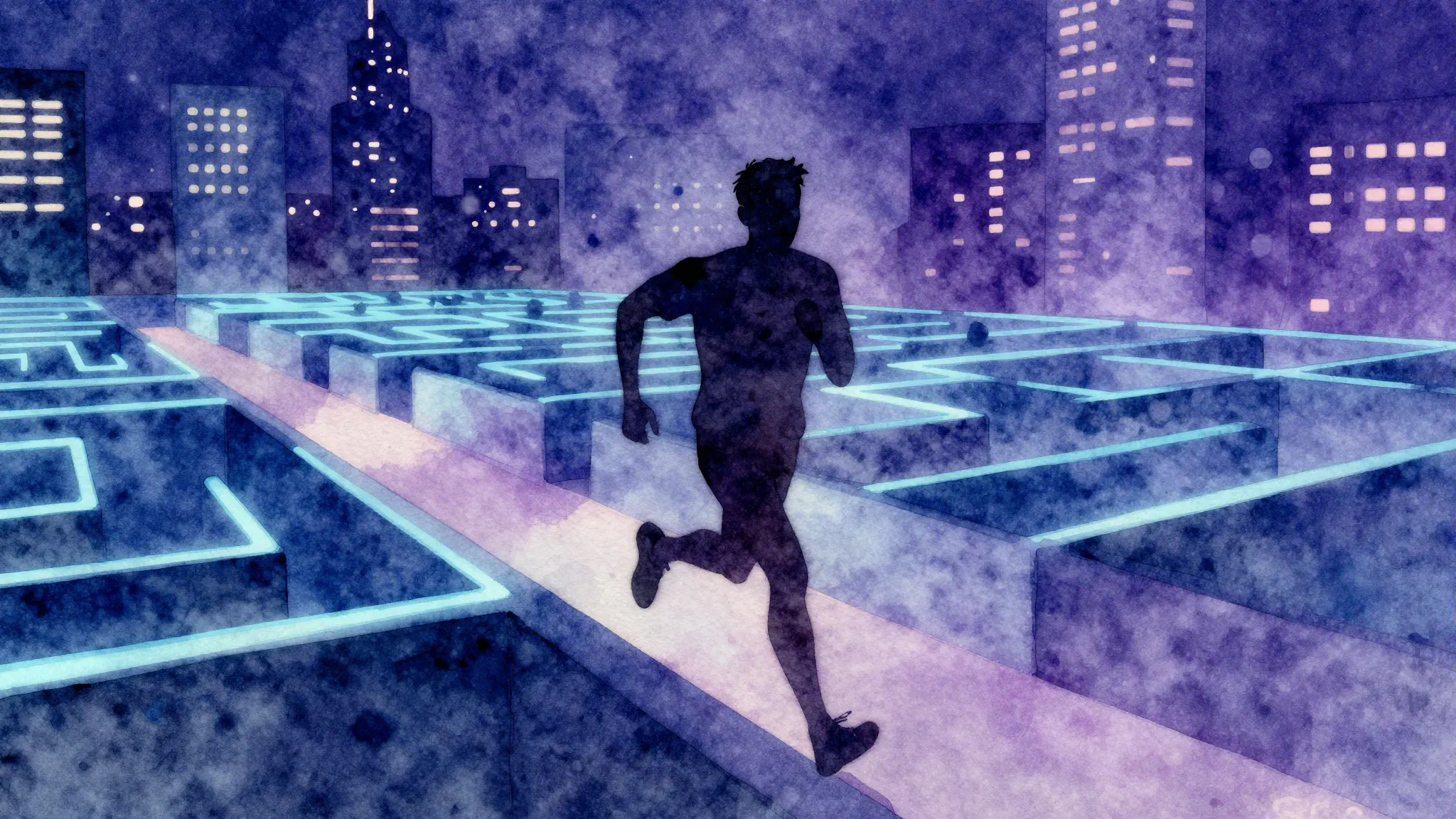 Watercolor style. A dark silhouette of a person running thro...