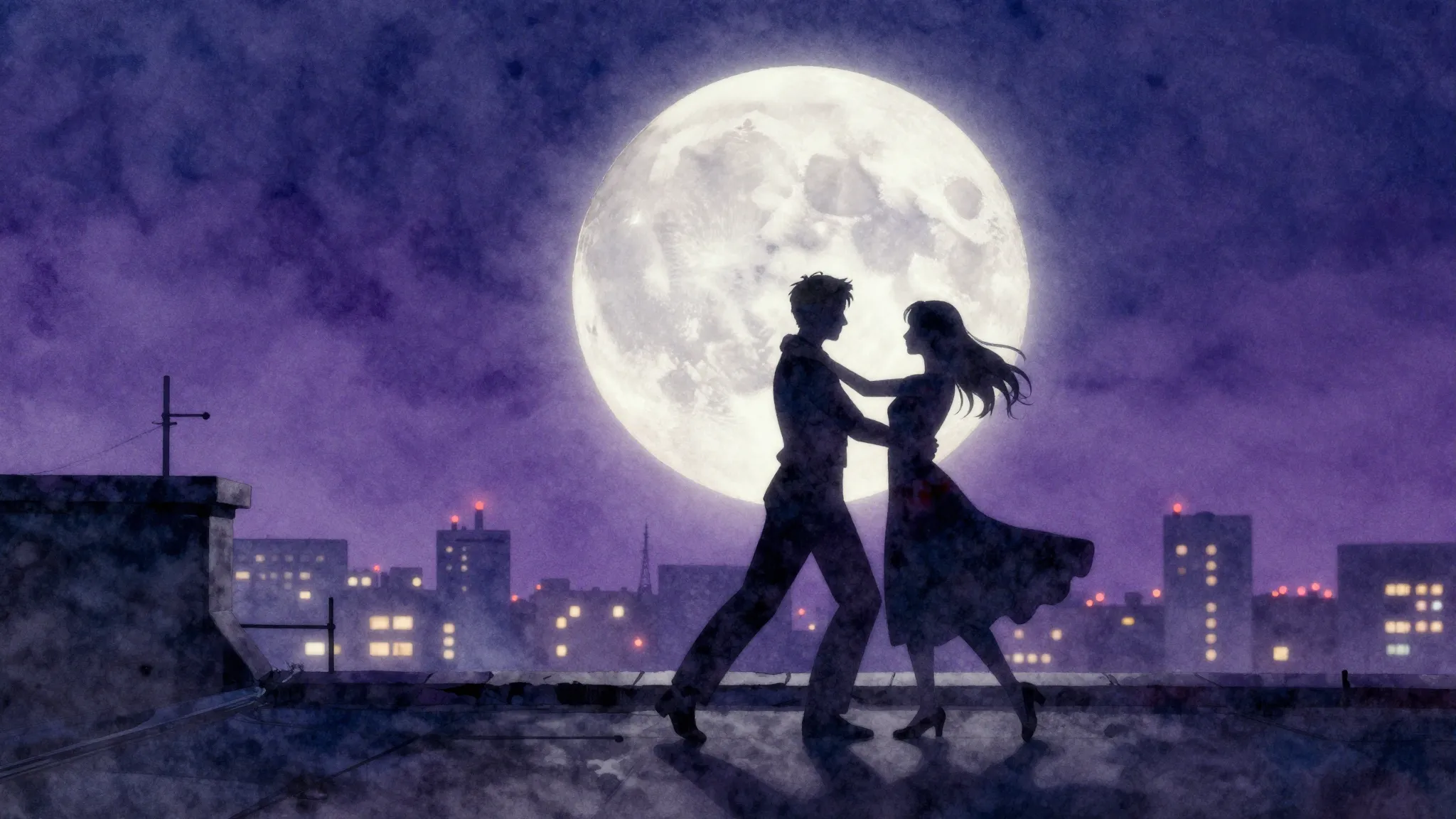 Watercolor style. Silhouette of two people dancing on a roof...