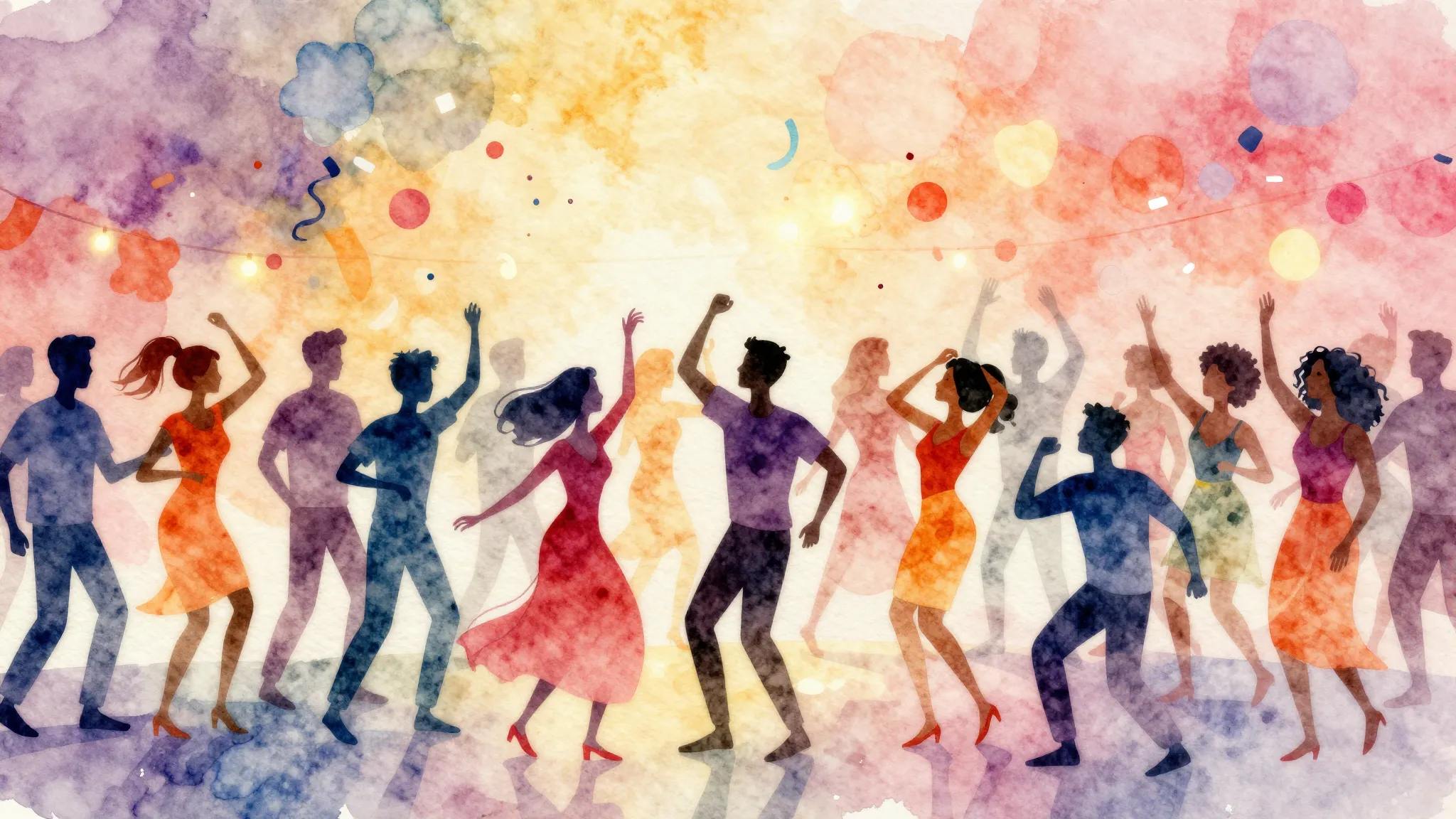 Vibrant watercolor style. Vibrant, joyful, diverse crowd sil...