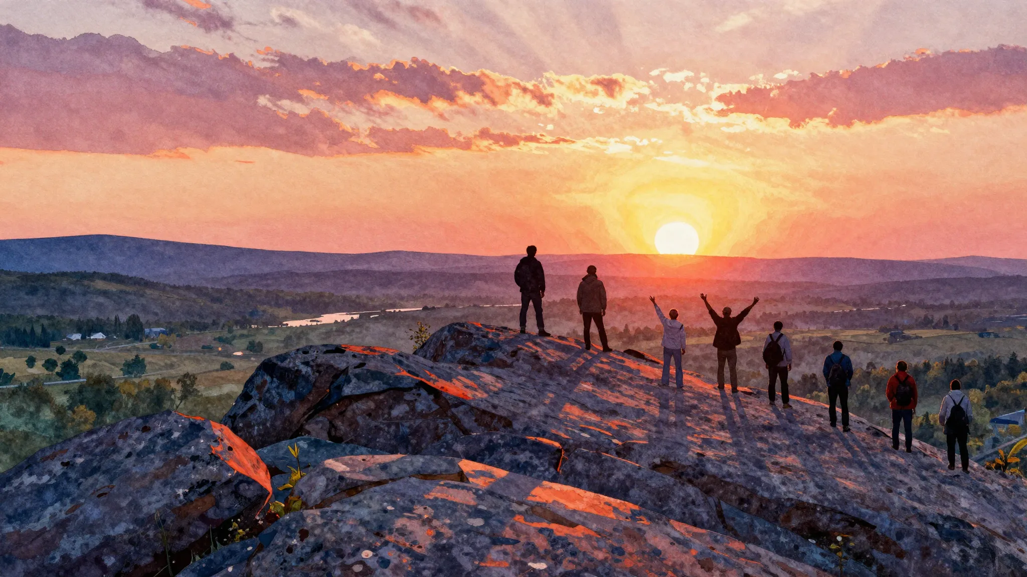 Vibrant watercolor style. Rock album cover: Amur region land...