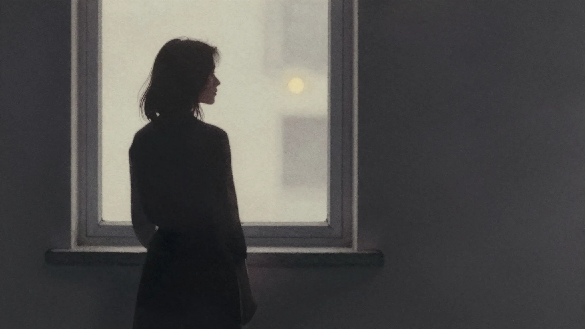 Watercolor style. Silhouette of a woman standing near a wind...