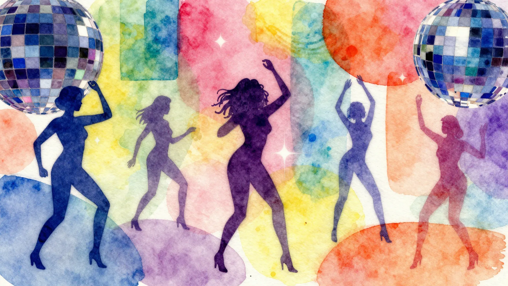 Vibrant watercolor style. Disco-funk album cover, vibrant co...