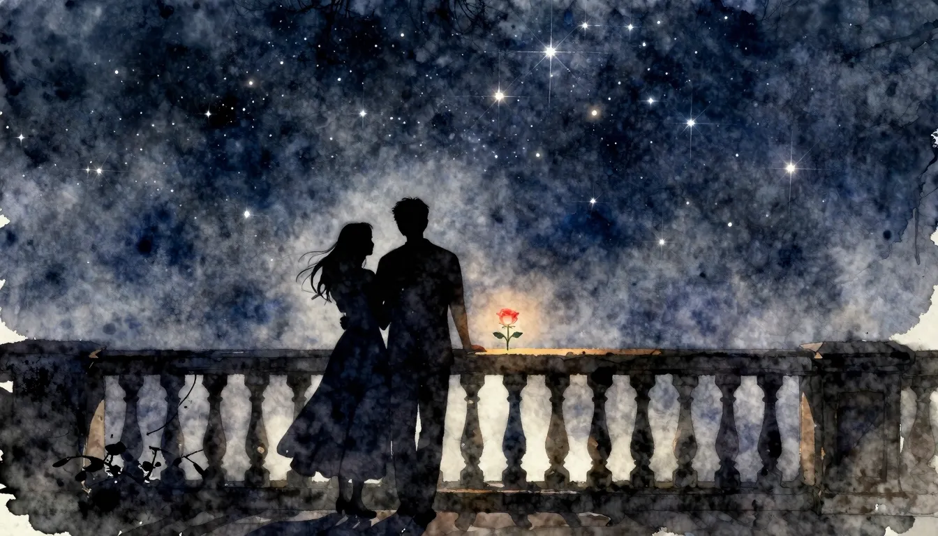 Watercolor style. A silhouette of a couple standing on a bal...