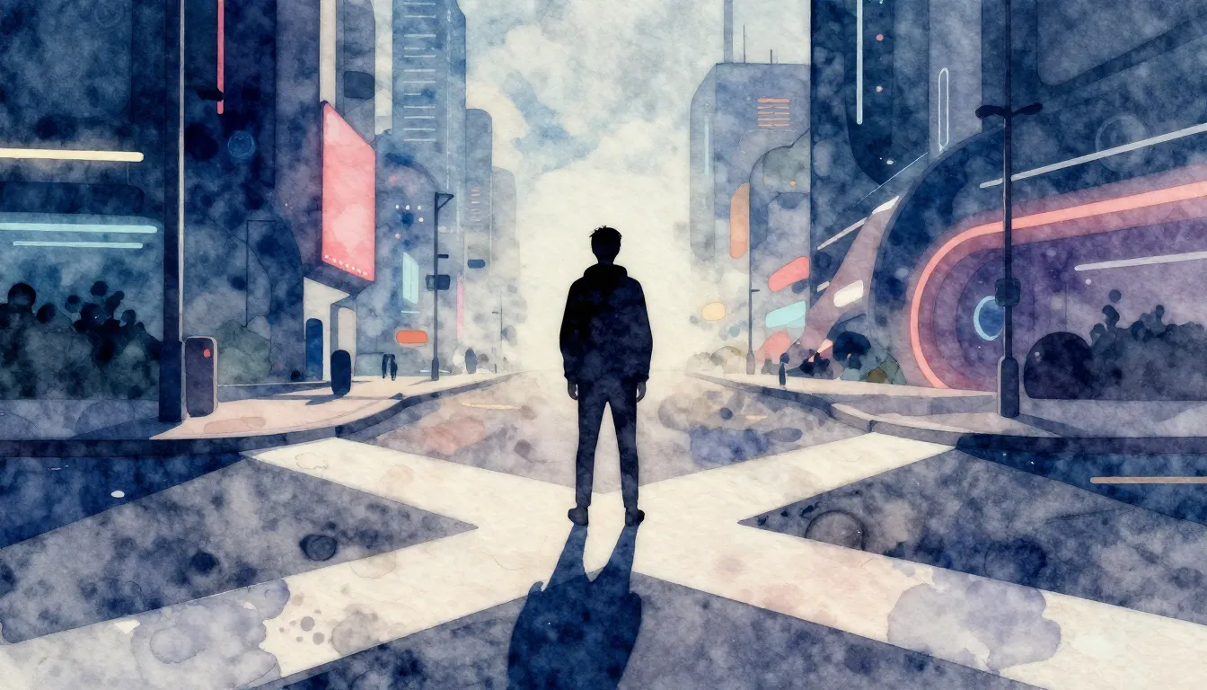 Watercolor style. A dark silhouette of a person standing at ...