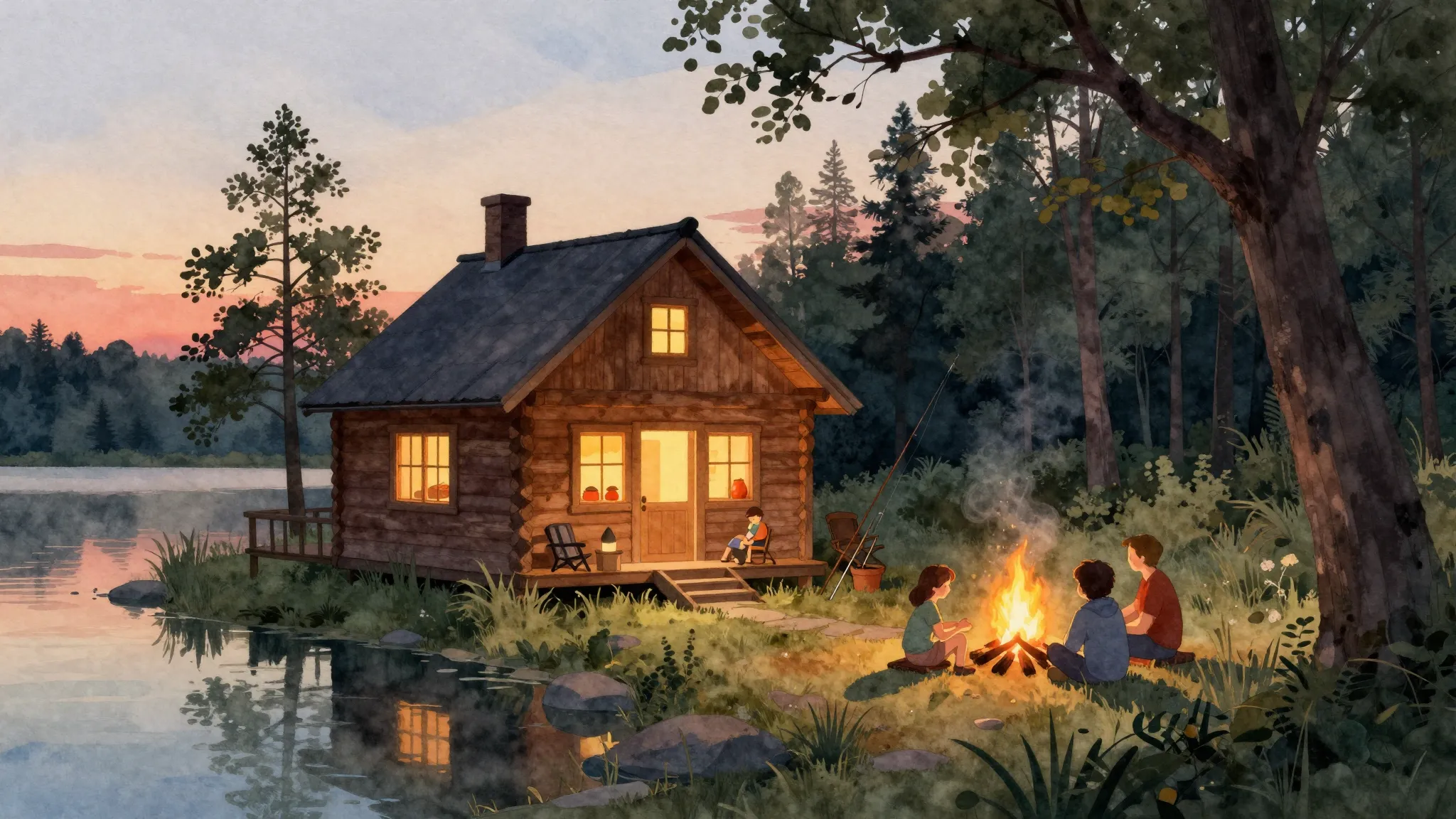 Watercolor style. A cozy wooden house by a lake surrounded b...