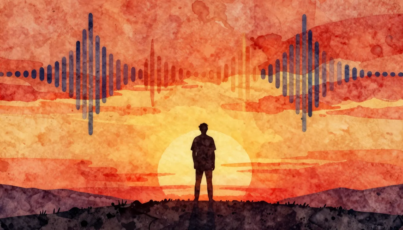 Watercolor style. Silhouette of a person standing on a hill,...