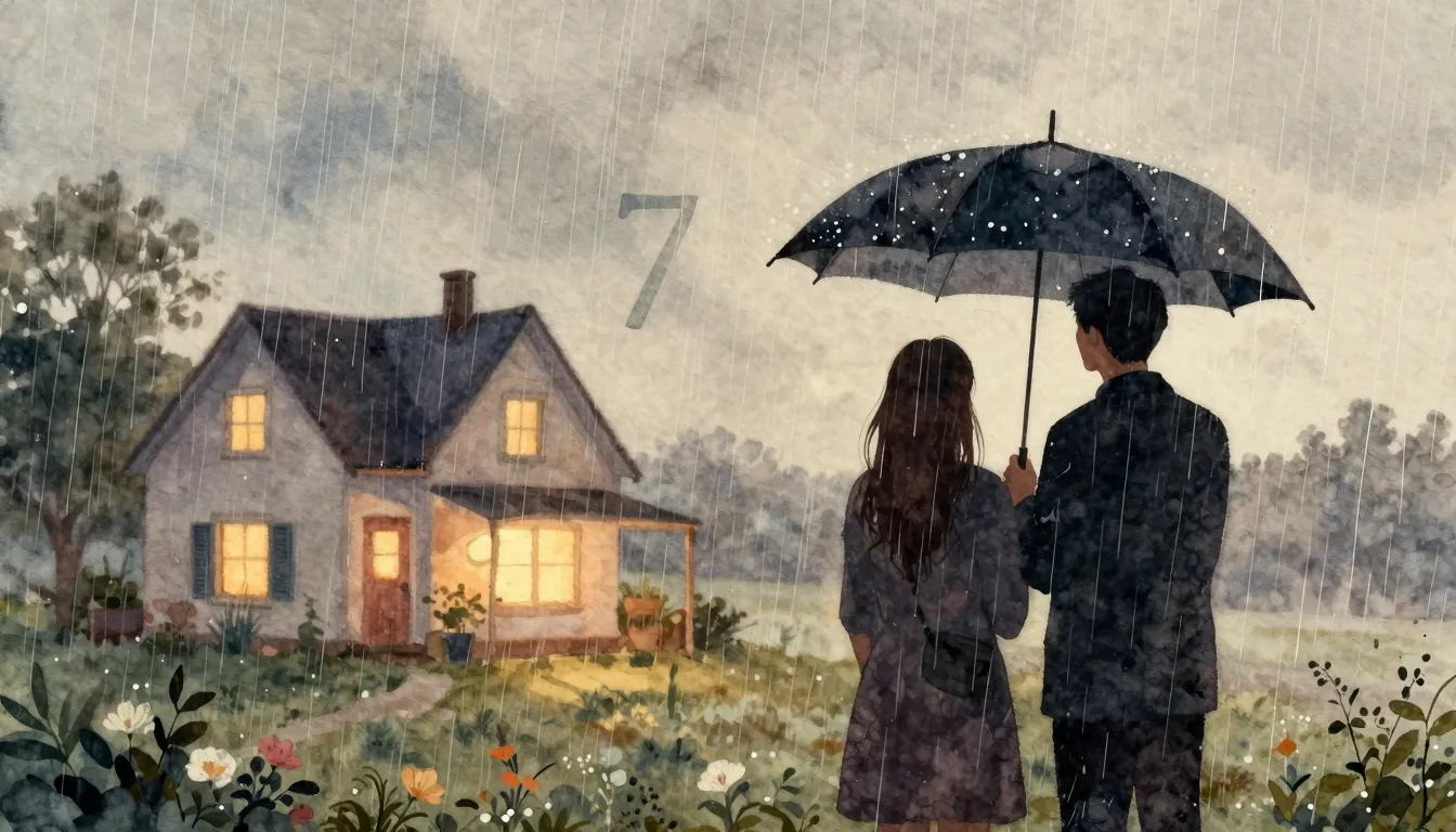 Watercolor style. A silhouette of a couple standing under an...