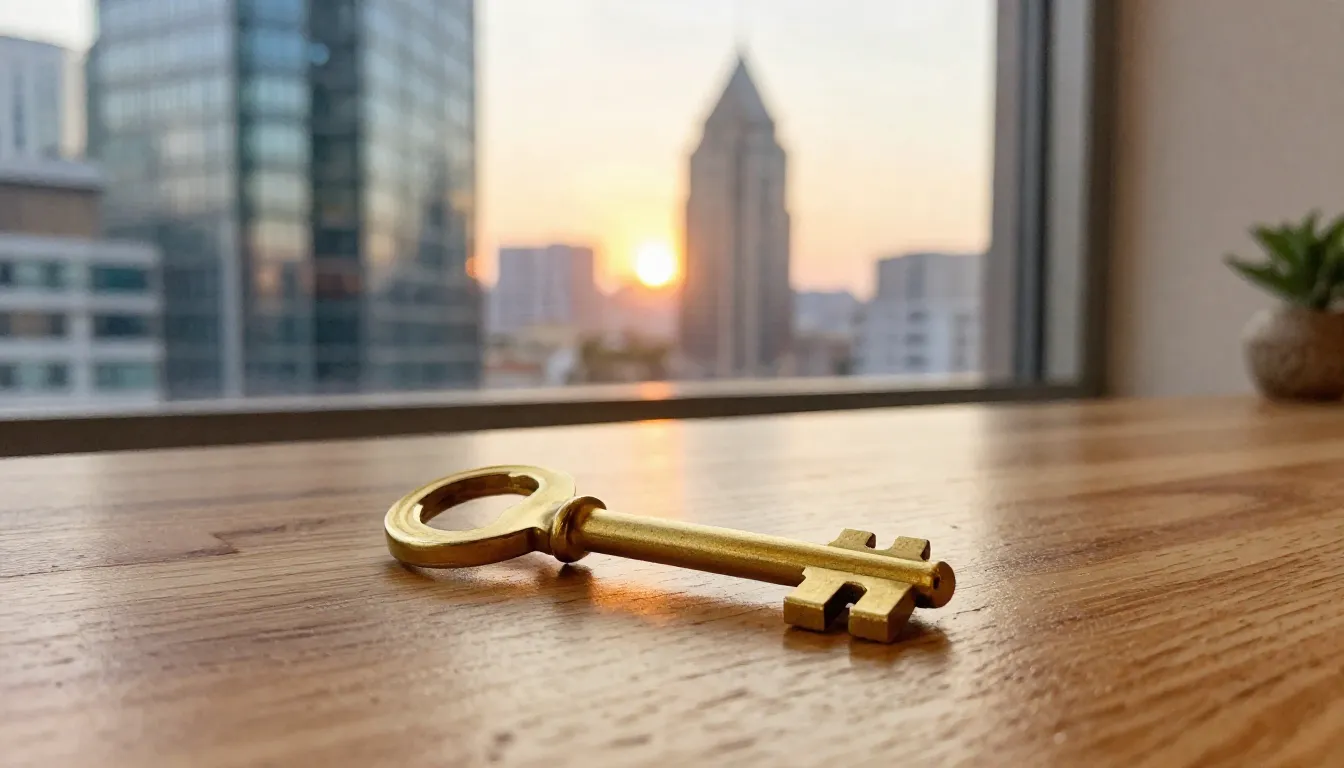 Watercolor style. A golden key lying on a polished wooden ta...