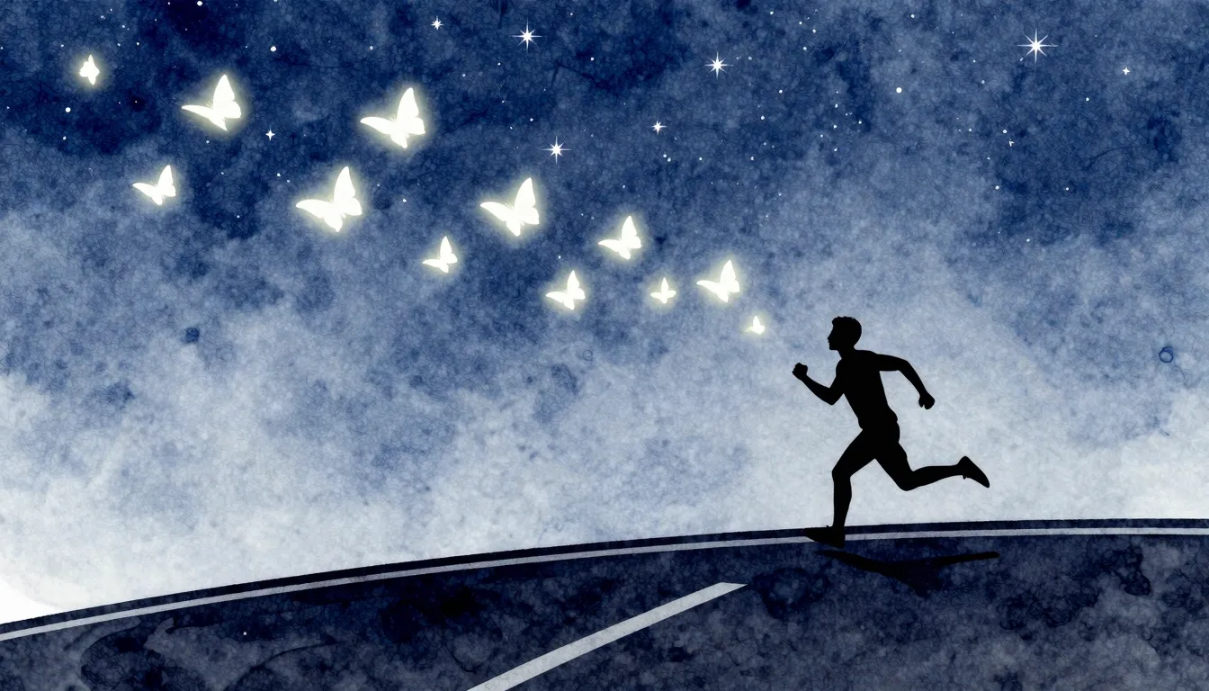 Watercolor style. A silhouette of a person running on a wind...