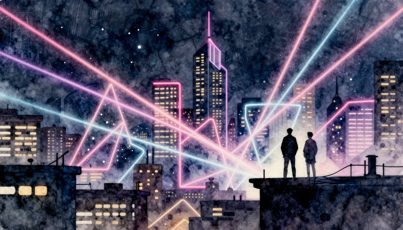 Watercolor style. Neon city skyline at night, glowing abstra...