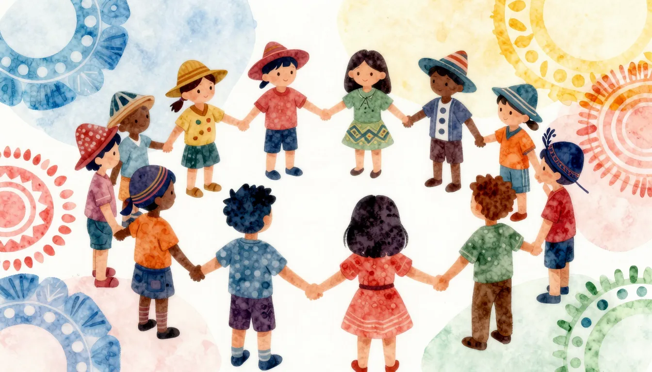 Watercolor style. Silhouettes of children in various ethnic ...