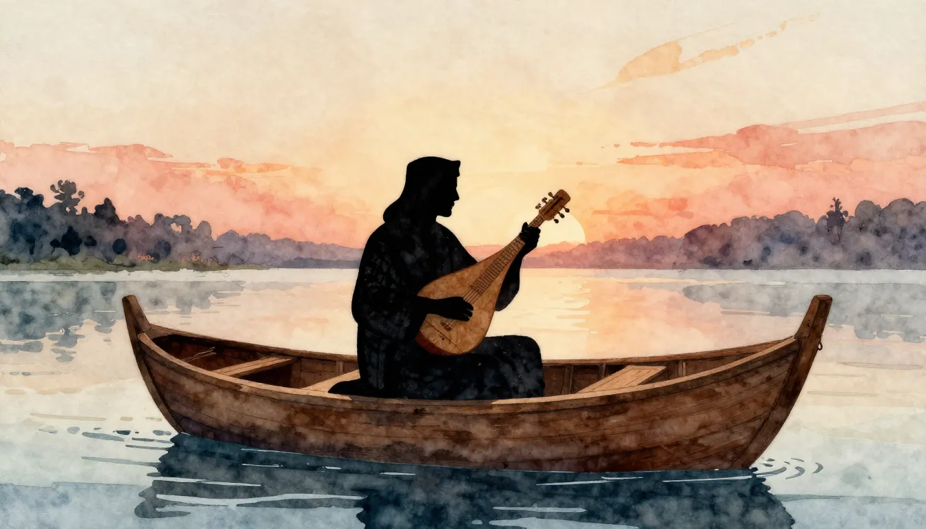 Watercolor style. Silhouette of a musician with gusli sittin...