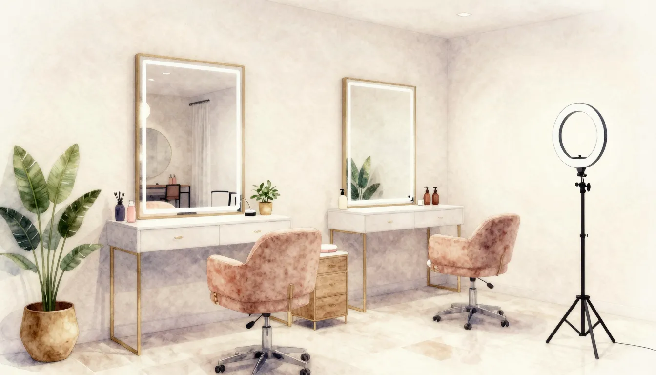 Watercolor style. Cozy modern beauty salon interior, minimal...