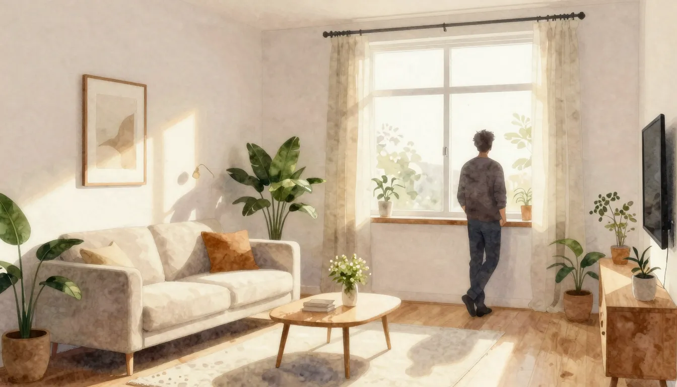 Watercolor style. Cozy apartment interior with warm sunlight...