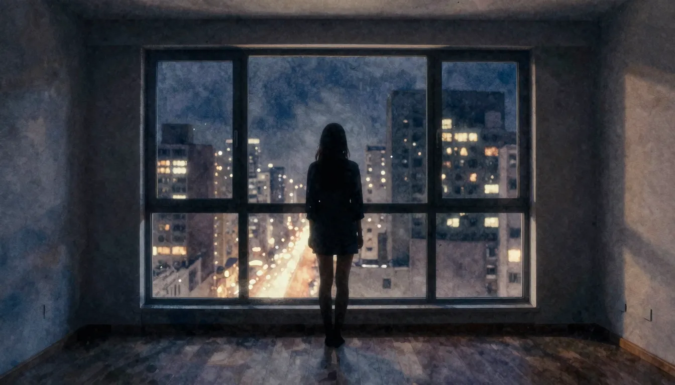 Watercolor style. A silhouette of a woman standing by a larg...