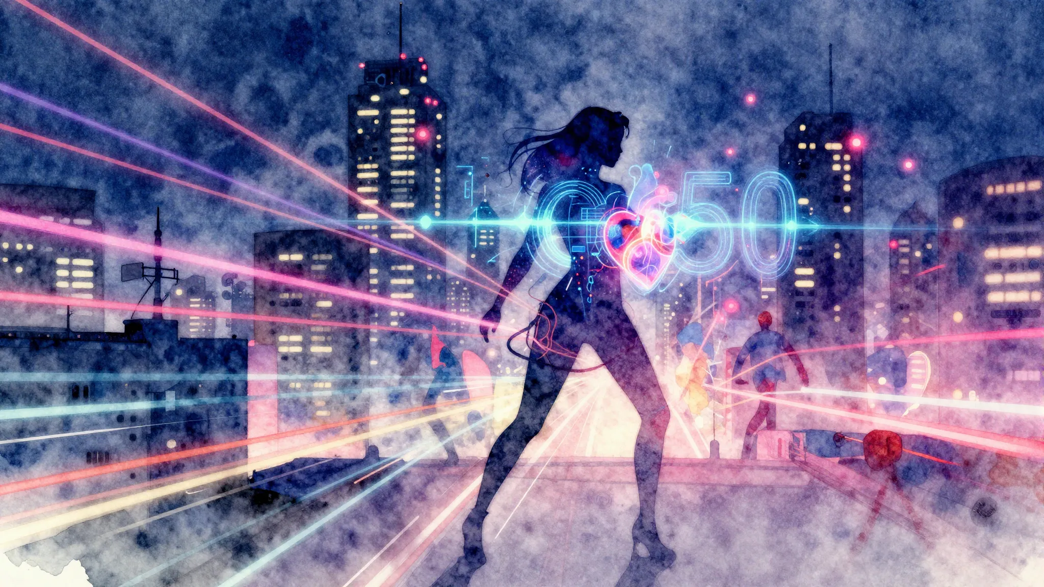 Vibrant watercolor style. Cyberpunk city at night, glowing n...