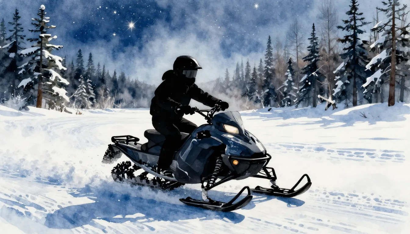 Watercolor style. A silhouette of a snowmobile speeding acro...