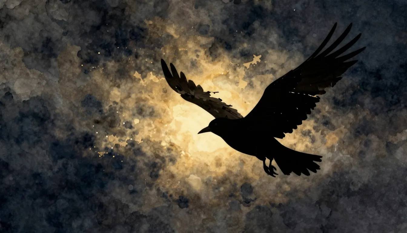 Watercolor style. A dark silhouette of a bird with tattered ...